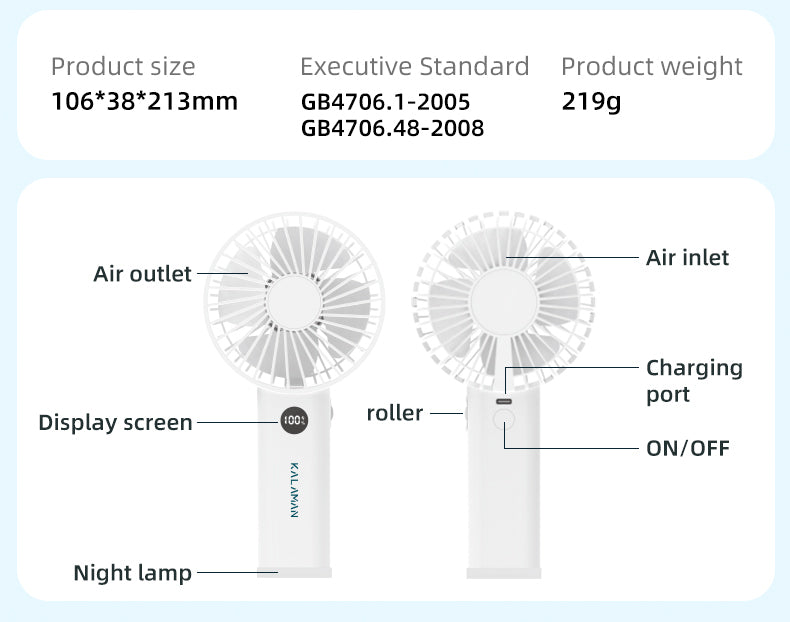KALAMAN Handheld Fan, 12000 RPM 3600mAh Portable Hand Fan, Mini Personal Rechargeable Hand Held Fan, Max 15Hrs Battery Operated USB Small Fan with 5 Speeds