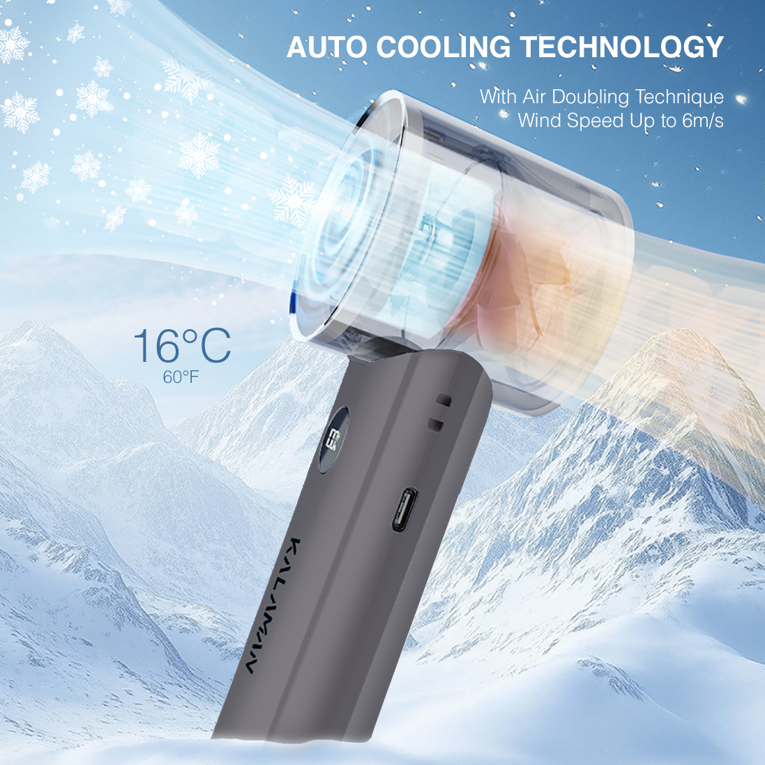 KALAMAN Handheld Portable Fan with Cooling Tech 5000mAh Rechargeable Personal Fan Up to 15H Cooling Time Powerful 12000 RPM