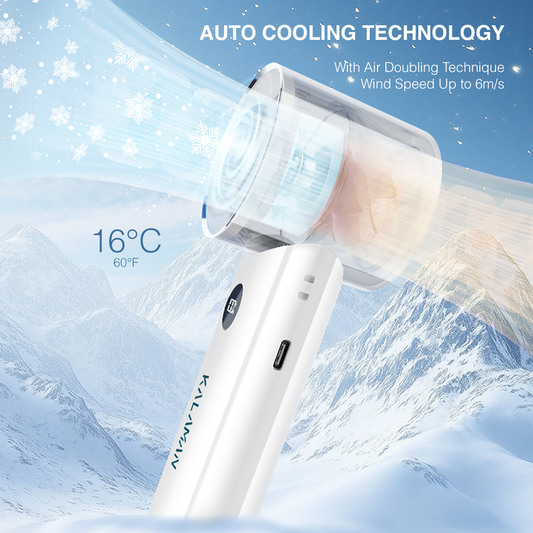 KALAMAN Handheld Portable Fan with Cooling Tech 5000mAh Rechargeable Personal Fan Up to 15H Cooling Time Powerful 12000 RPM