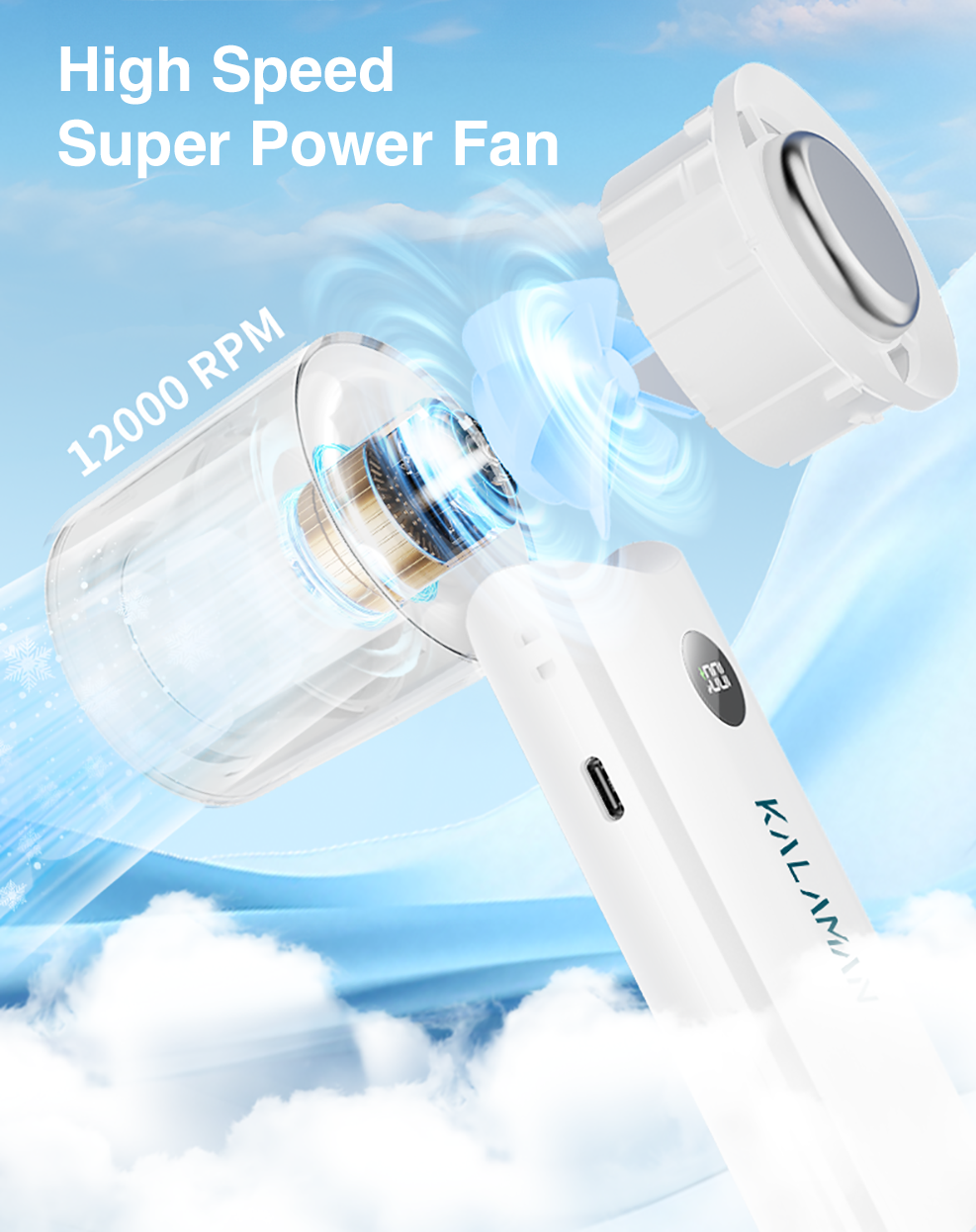KALAMAN Handheld Portable Fan with Cooling Tech 5000mAh Rechargeable Personal Fan Up to 15H Cooling Time Powerful 12000 RPM