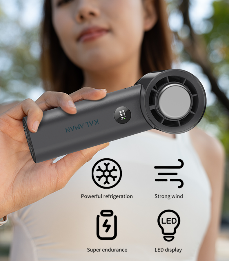 KALAMAN Handheld Portable Fan with Cooling Tech 5000mAh Rechargeable Personal Fan Up to 15H Cooling Time Powerful 12000 RPM