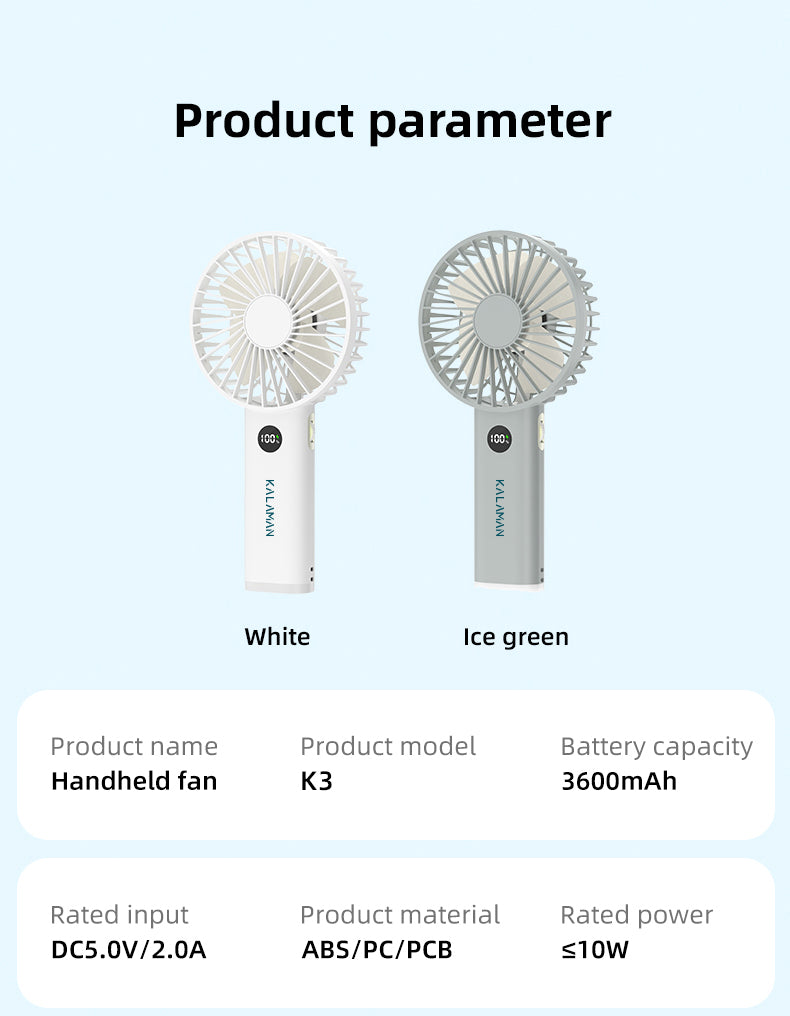 KALAMAN Handheld Fan, 12000 RPM 3600mAh Portable Hand Fan, Mini Personal Rechargeable Hand Held Fan, Max 15Hrs Battery Operated USB Small Fan with 5 Speeds