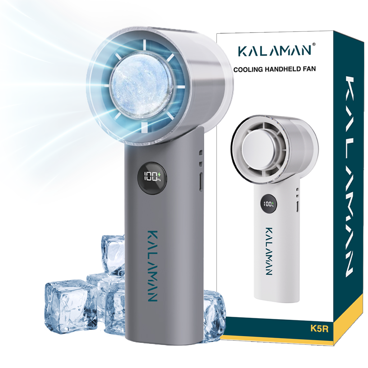 KALAMAN Handheld Portable Fan with Cooling Tech 5000mAh Rechargeable Personal Fan Up to 15H Cooling Time Powerful 12000 RPM